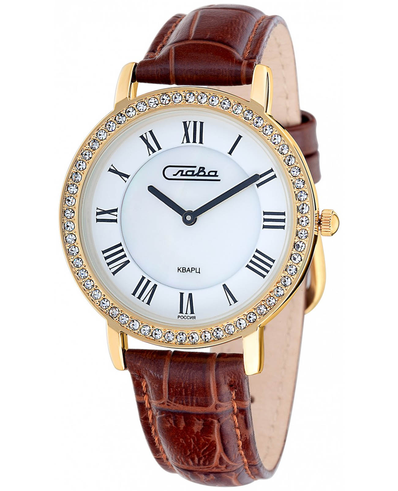 Слава Слава Инстинкт 6233485/2025  6233485/2025 кварцевые женские часы белый циферблат, браслет кожаный — вид спереди